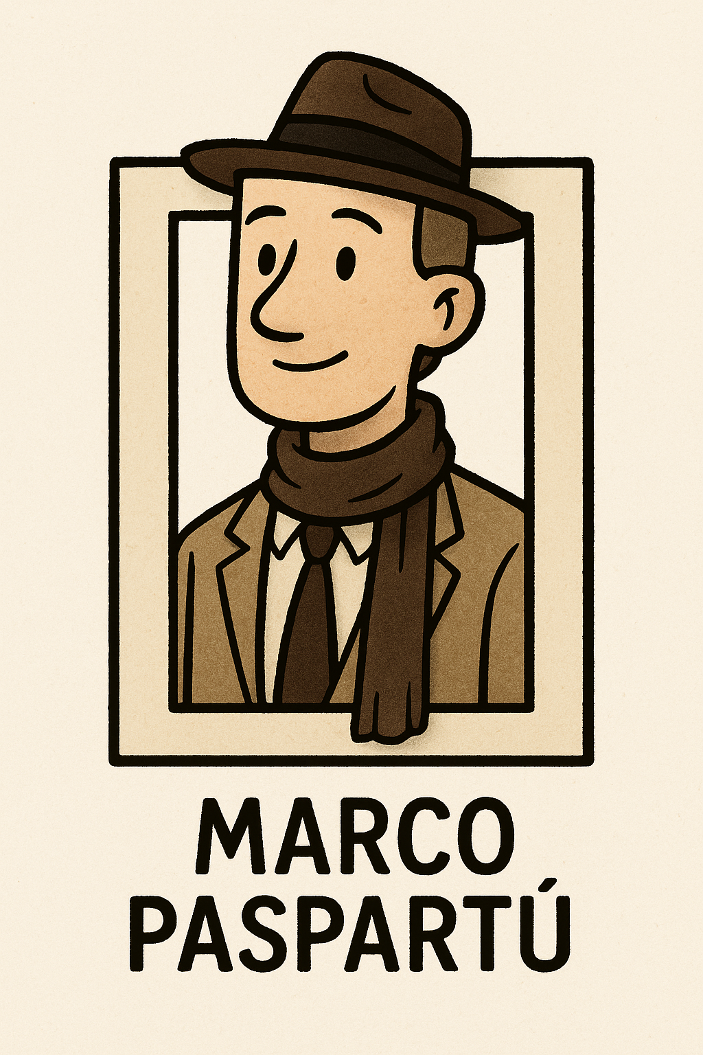 Ilustración estilo dibujo animado de Marco Paspartú, un personaje masculino con expresión amable. Lleva un sombrero marrón y una bufanda oscura sobre un saco beige con camisa blanca y corbata marrón. Su figura está enmarcada dentro de un paspartú rectangular color crema, haciendo alusión al concepto de marco. Debajo, aparece su nombre en letras grandes: 'Marco Paspartú'. El fondo es claro y sin detalles, resaltando la figura del personaje.